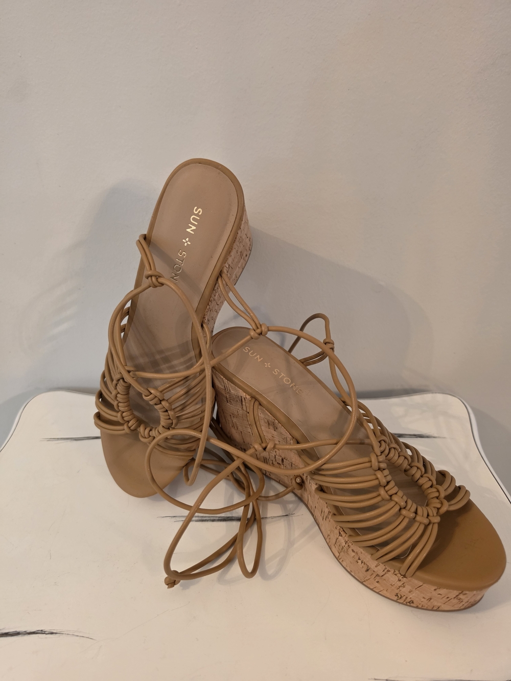 Sun + Stone Tan Strappy Cork Lace-Up Wedges